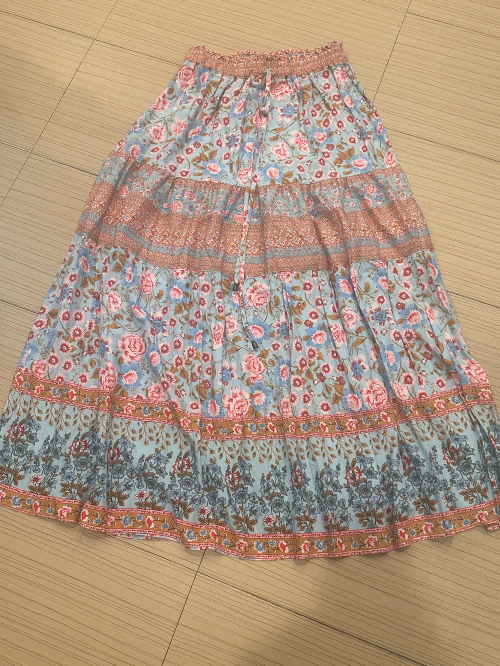 Women’s Floral Tiered Maxi Skirt - Blue Pink. Sz L